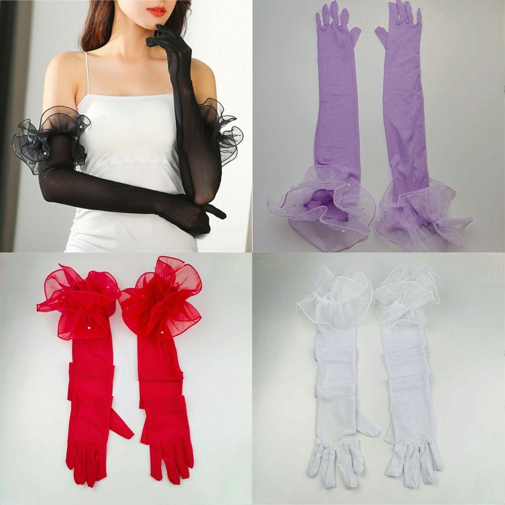 Lace Pearl Etiquette Gloves Perspective Sunscreen Sleeves Fashion Long Gloves  Wedding Dress