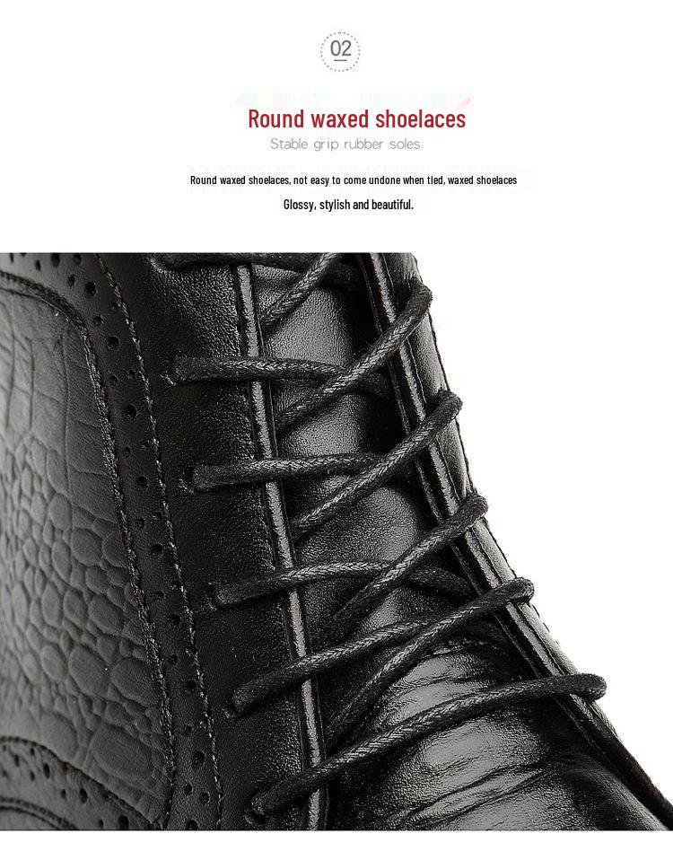 Men's Brogue Ankle Boots: Carved Cowhide High-Top, Pointed Toe, Autumn/Winter Fashion, Large Size.