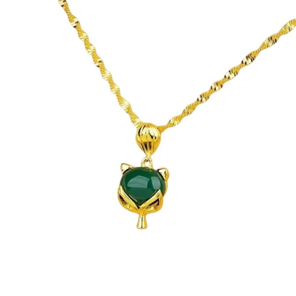Cat's Eye Green Gold Water Wave Pendant Necklace for Women - Fashionable Luxury Clavicle Chain
