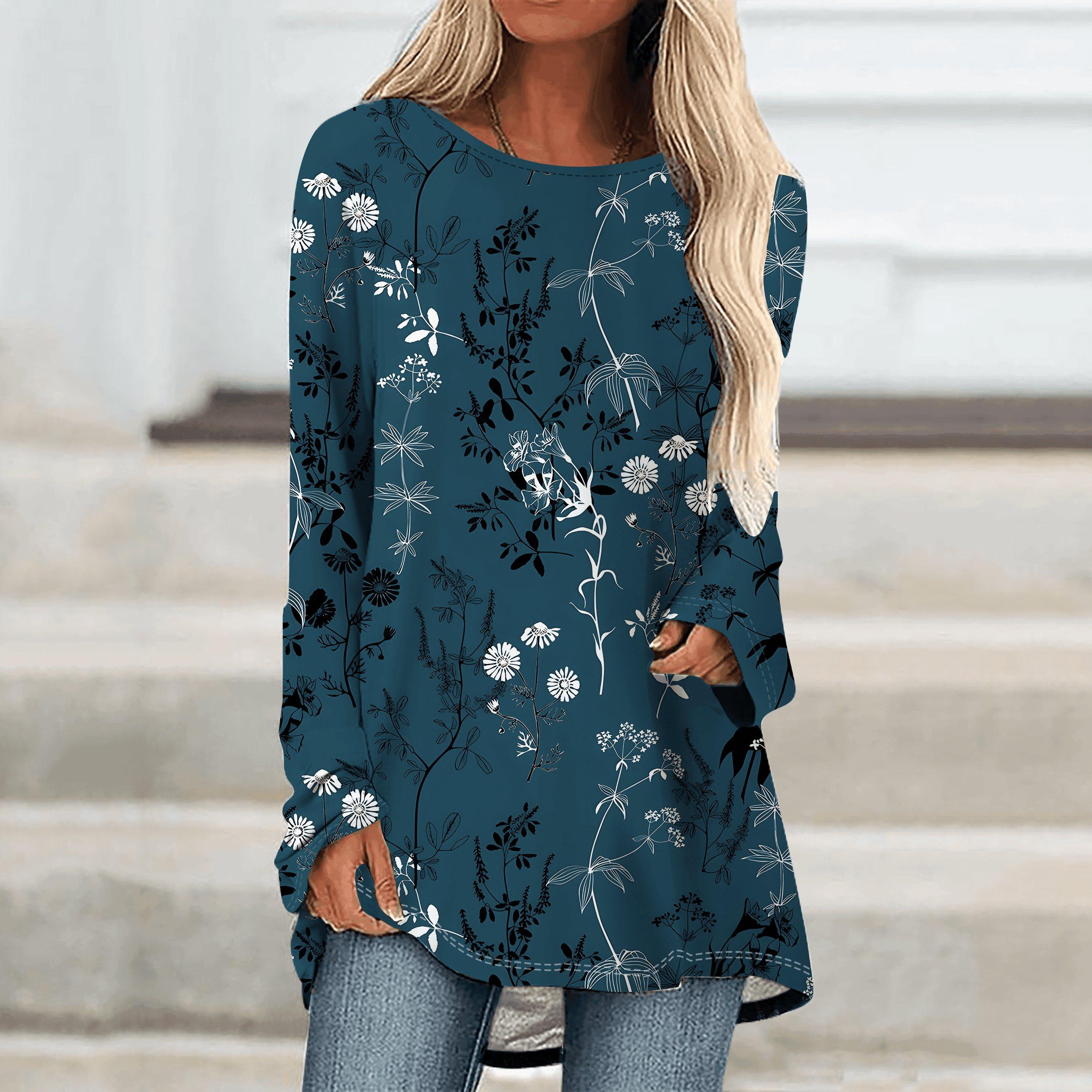 

Женская футболка больших размеров с цветочным принтом, удобная, с длинным рукавом и круглым вырезом, повседневная, свободного кроя, средней длины 8XL темно-синий