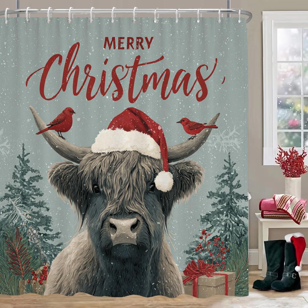 Merry Christmas Shower Curtain With Hooks Christmas Highland Cattle Shower Curtain Home For Decoration Curtain