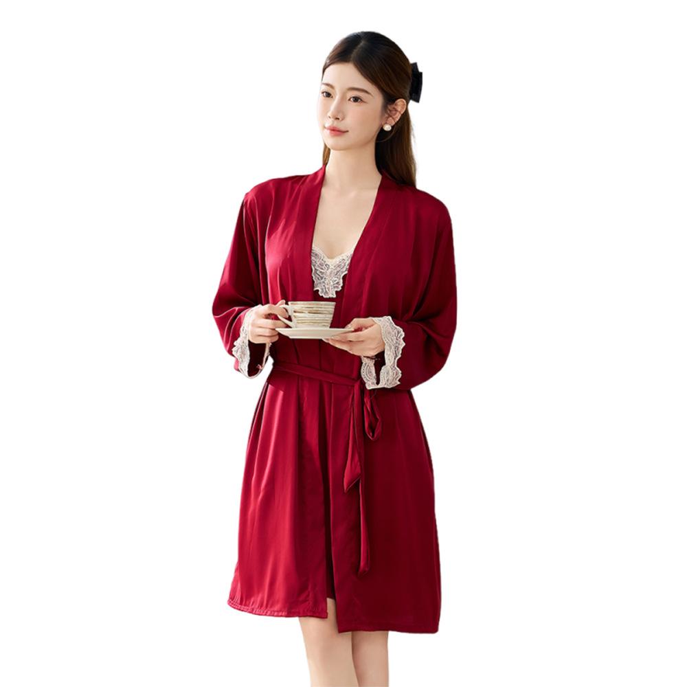 Women's Summer Ice Silk Lace Trim Camisole Nightgown and Robe Set - Elegant, Loose, and Comfortable