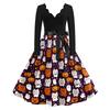Women's Casual V-Neck Long Sleeve Halloween Print Vintage Dress for Halloween Party