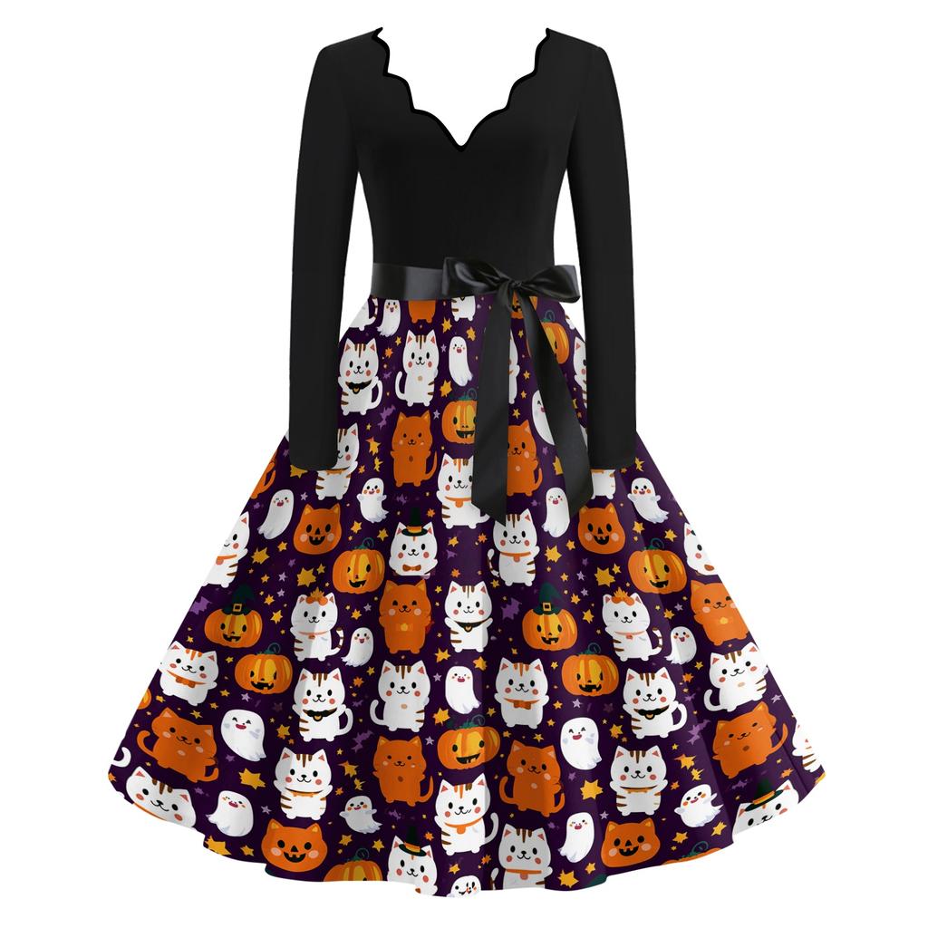 Women's Casual V-Neck Long Sleeve Halloween Print Vintage Dress for Halloween Party