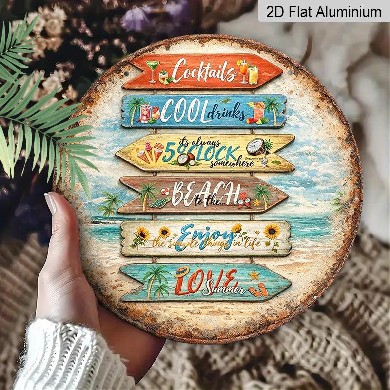 2D Flat, 1pc Round Aluminum Hanging Sign, "Cocktails Cool Drinks 5 O'Clock Somewhere" Tropical Beach Directional Wall Art, Vintage Summer Beach Bar