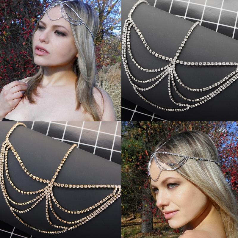Bohemia Style for Rhinestone Drop Pendant Forehead for Head Chain Crystal Headpiece Bridal Wedding Hair Chain for Head J