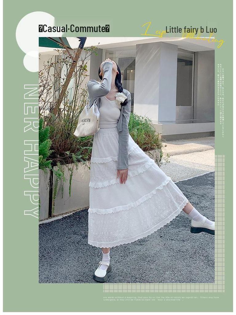 Women's Princess-Style White Lace Midi Skirt - A-line, Tiered, Flared, Spring/Summer Design