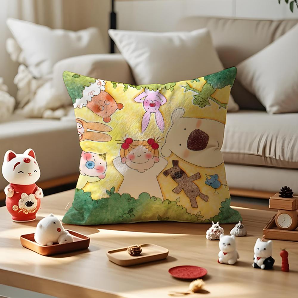 Japanese Cartoon Illustrations Cushion Cover Anti-dustmite Pillowcase Invisible Zipper Silky Short Plush Sofa Cushion Cover