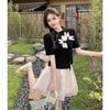 Chinese Style Fashion Women Summer Gentle Frog Button T-shirt with Mesh A-line Skirt Two-piece Set