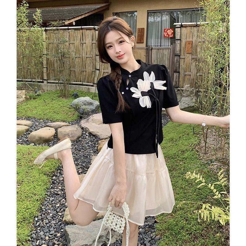 Chinese Style Fashion Women Summer Gentle Frog Button T-shirt with Mesh A-line Skirt Two-piece Set