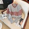 Echte Aufnahme Retro gestreifter Pullover Damen Neu Herbst und Winter Verdickt Fauler Stil Weich Wachsig Locker Pullover Gestrickter Pullover Trend