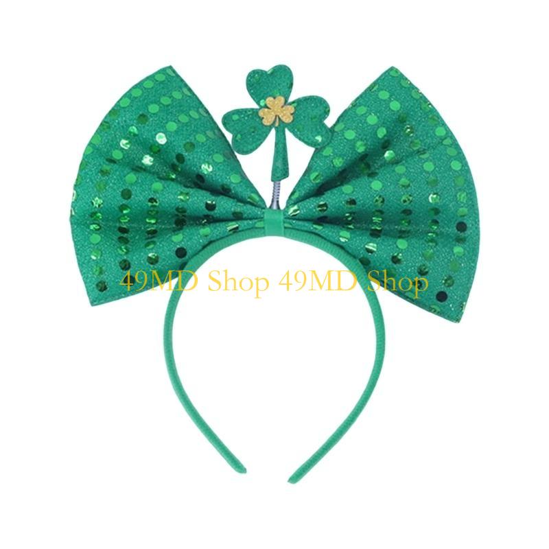 49MD Irish Leprechaun Headband Blingbling Bowknot Glitter Headwear Bowknot Party Props Leprechaun Present Headband