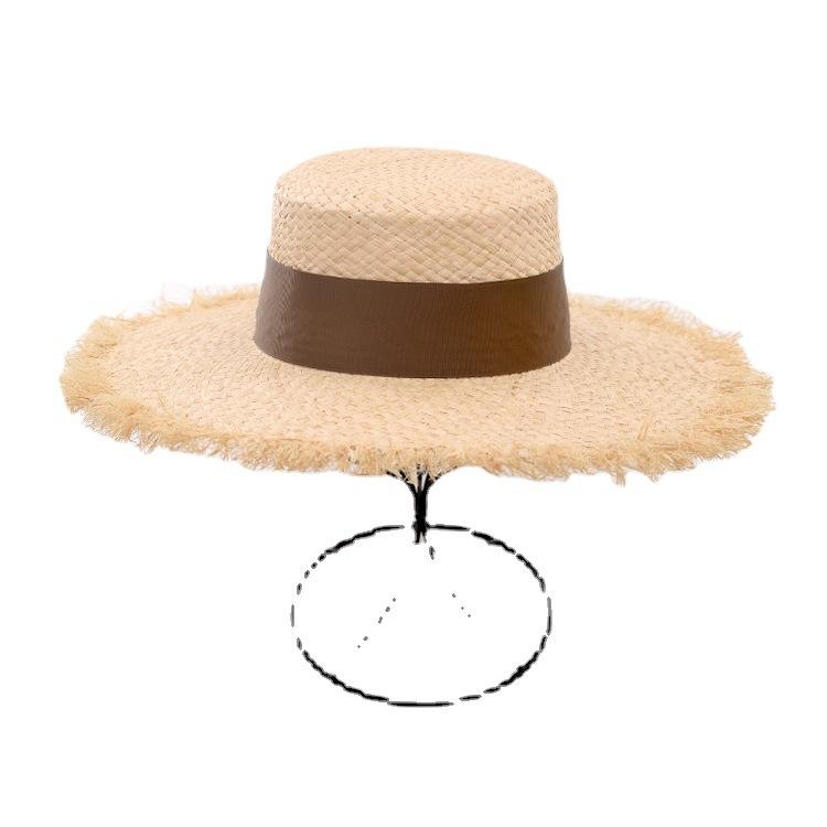 Summer new raffia rough edge flat top big brim straw hat multi-color webbing raffia flat top hat beach hat