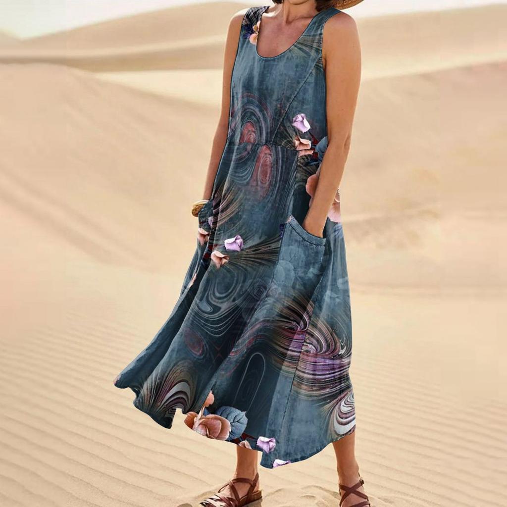 Women's Fashion Casual Colour Sleeveless Cotton Linen Pocket Dress