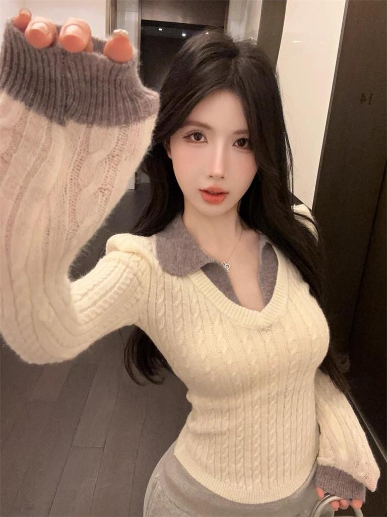Hong Kong Style Women's V-Neck Polo Collar Knit Sweater - Autumn/Winter Fashion Trend