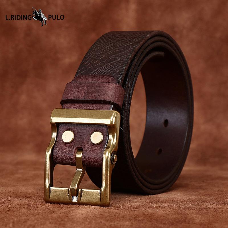Retro Printed Genuine Leather Cowhide Copper Buckle Belt Trendy All-match Casual Jeans Belt