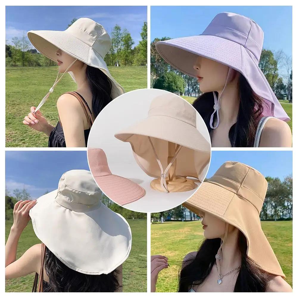 Summer Large Brim Sun Hats For Women Outdoor UV Anti Neck Protection Sun Visors Lady Fishing Hiking Shawl Sunscreen Cap