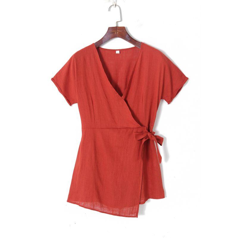 

Летняя женская одежда 2023 года, модный стиль, однотонный, сексуальный комбинезон с перекрещенным глубоким V-образным вырезом и шнуровкой на талии, подчеркивающий фигуру Brick Red L