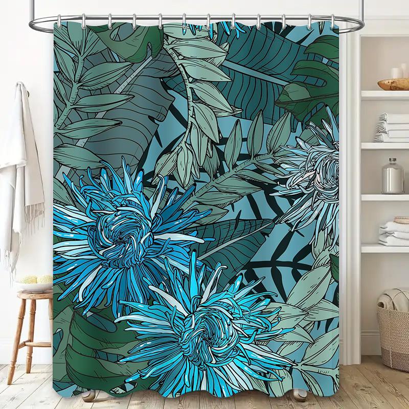 Stylish Blue Floral Shower Curtain for Bathroom Decor Green Leaves Pattern Waterproof Fabric Available in Various Sizes