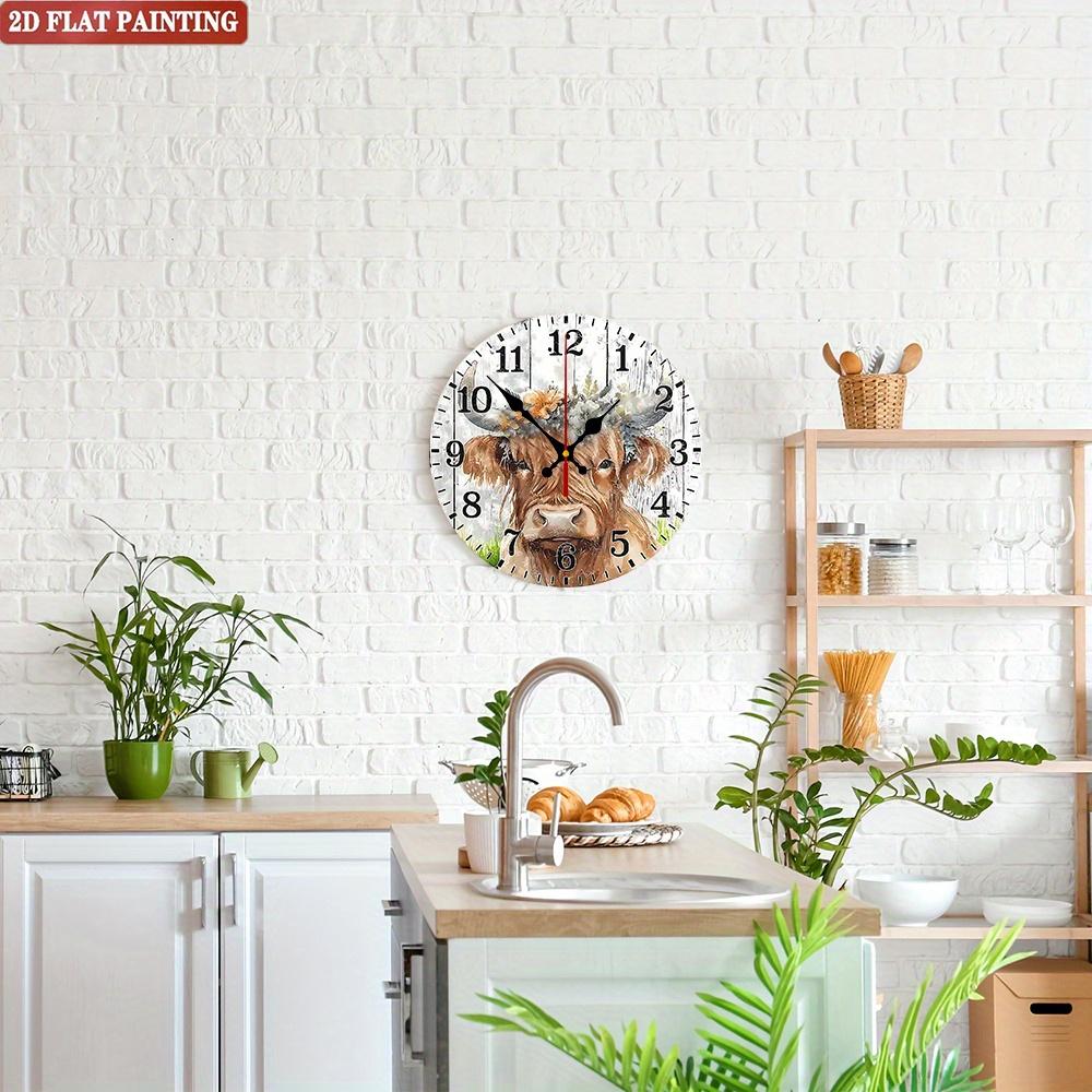 Scottish Highland Cow Wall Clock. Floral Wooden Design for Living Room or Kitchen. A Rustic Gift.