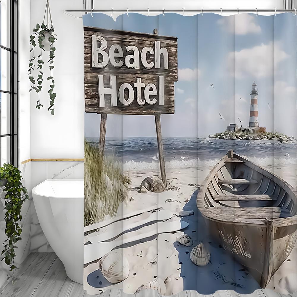 Ocean Lighthouse Beach Wooden Boat Shower Curtain, Bathroom Decorative Shower Curtain, Waterproof Shower Curtain with Hooks