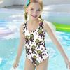 Girls Sleeveless Scoop Neck Wide Straps One Piece Swimsuit Cartoon Wolf Printed White
