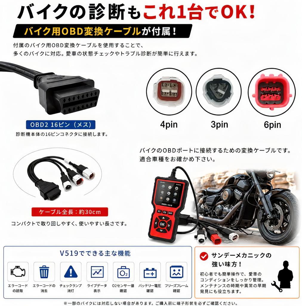 bubulu OBD2 Diagnostic Scan Tool for Cars and Error Code Check Engine Light Live Data Motorcycle OBD Conversion Cable Japanese Language Simple
