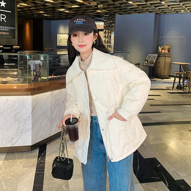 Down Jacket Women's Lapel Winter New Woolen Collar Drawstring Waist Temperament Cotton Coat Cotton Jacket