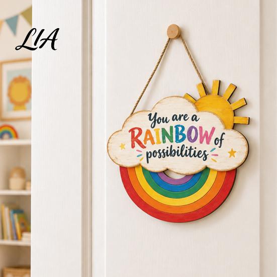 Heartwarming Gifts for Kids Boho Rainbow Sun Welcome Door Sign, Wall Hanging Plaque Sign Playroom Art with Inspirational Quote, Colorful Hanger