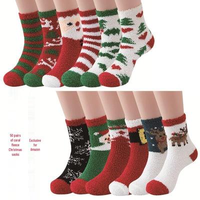 Útulné vianočné ponožky z koralového fleecu: Zamatové polovičné pančuchy Santa, teplé podlahové pančuchy na jeseň a zimu