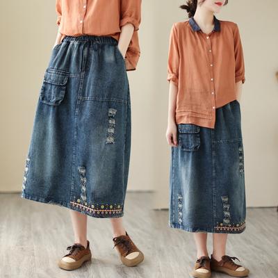 Autumn Vintage Embroidered Ripped Denim Skirt with Elastic Waist Slim Fit A-line Skirt Mid Length Women's Skirt