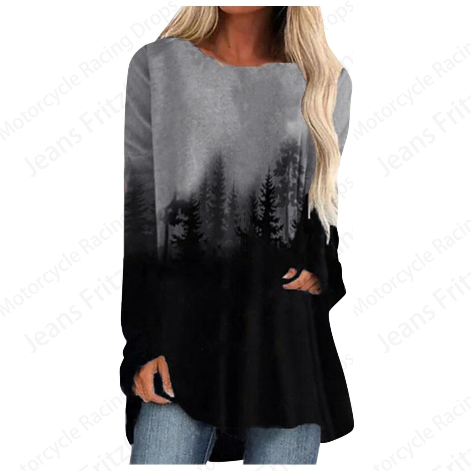 

Футболки с принтом в виде природных пейзажей 3D, женская мода, футболка с длинным рукавом, туника с крестообразным узором, длинная винтажная футболка, градиентная одежда для женщин XL