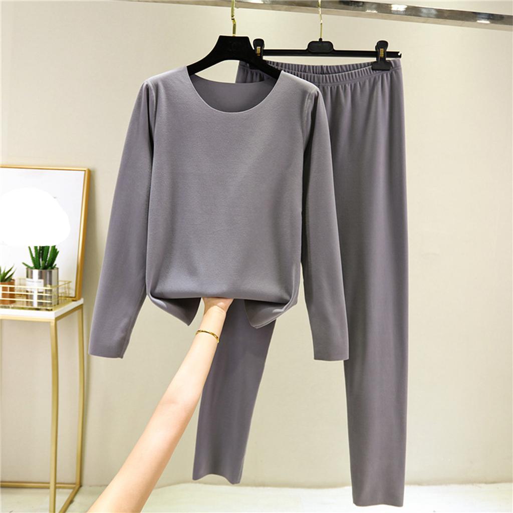 Ladies' Casual And Comfortable Long Sleeved Solid Color With Thick Velvet Sleepwear And Warm Pants Set