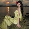 French Acetic Acid Satin Tube Top Dress Women's High-end Beach Vacation Dress One-word Collar Birthday Evening Dress