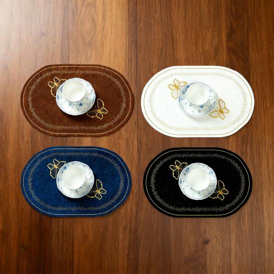 Linen Placemat Embroidery Butterflies Pattern Oval Heat-Resistant Stain-resistant Placemat Dining Accessories