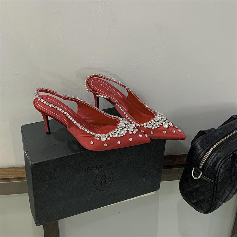 Women s Satin Pointed Toe Ankle Strap Rhinestone Elegant Heels - Fashionable Footwear 35 красный