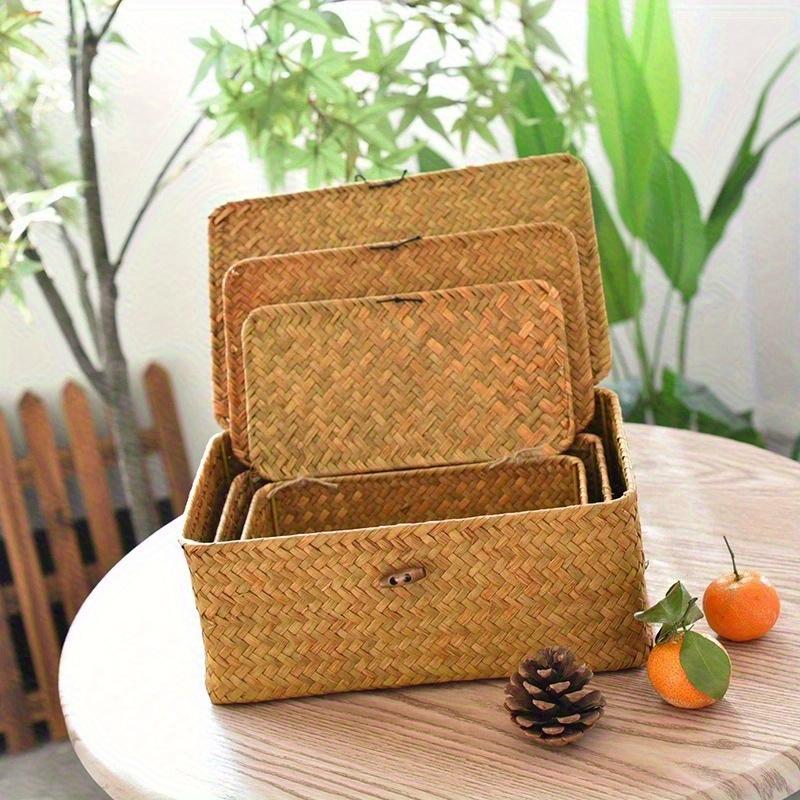 Hand-Woven Storage Basket with Lid - Rustic Organizer for Makeup, Desk & Office Supplies. Perfect Gift Box.