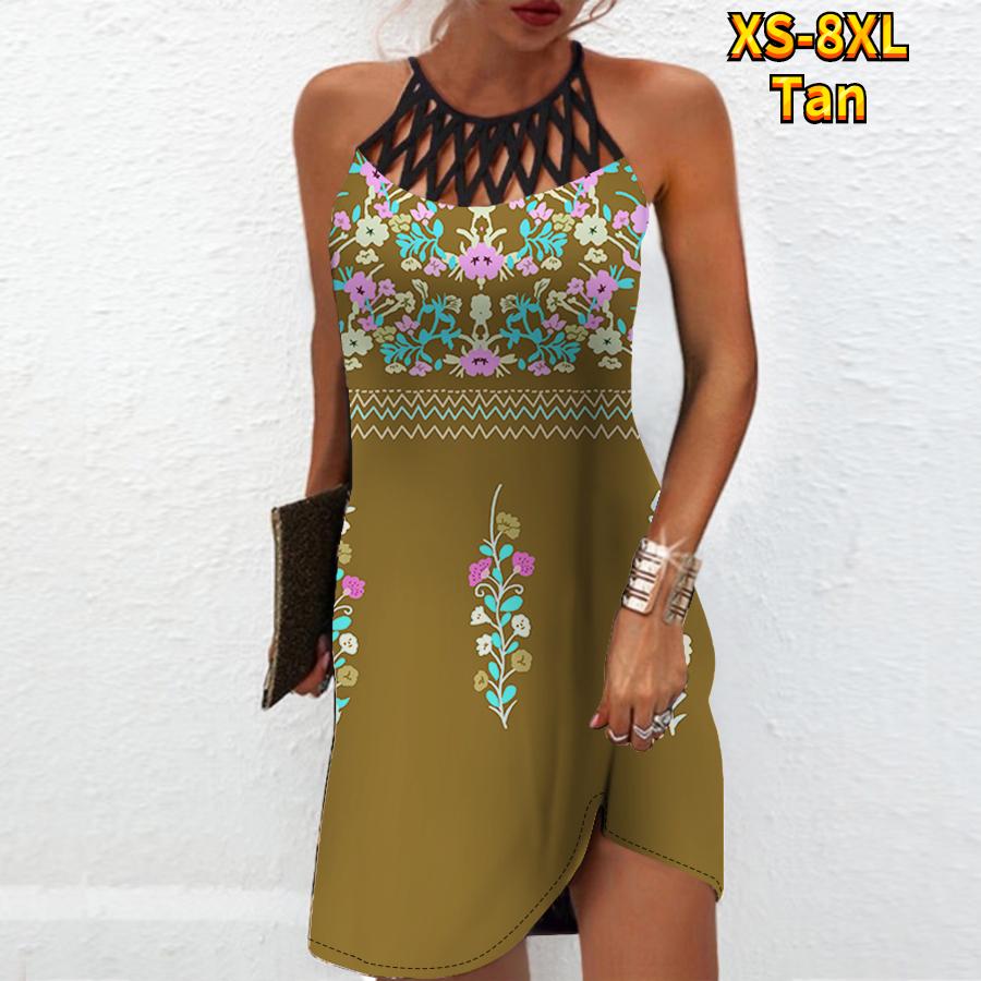 

Літня модна сексуальна сукня без рукавів, м’яка повсякденна 3D симетрична сукня з квітковим принтом, без рукавів, літня сукня на підтяжках 6XL дубильна кора