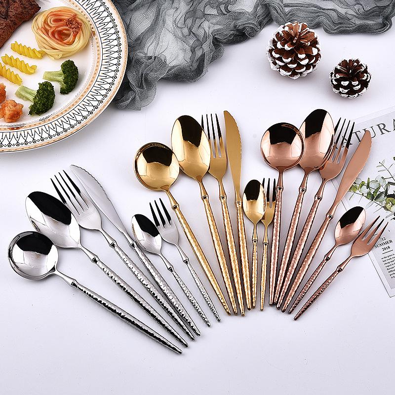Edelstahl 304 Hammergriff Besteckset: Fruchtmesser, Gabel, Löffel, Steakmesser, Dessertlöffel - 3 Stück