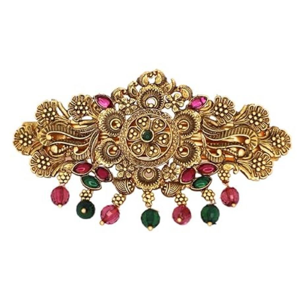 Traditional Gold-Plated Hair Barrette Clip With Floral Design And Beads Danglers (Design-1)