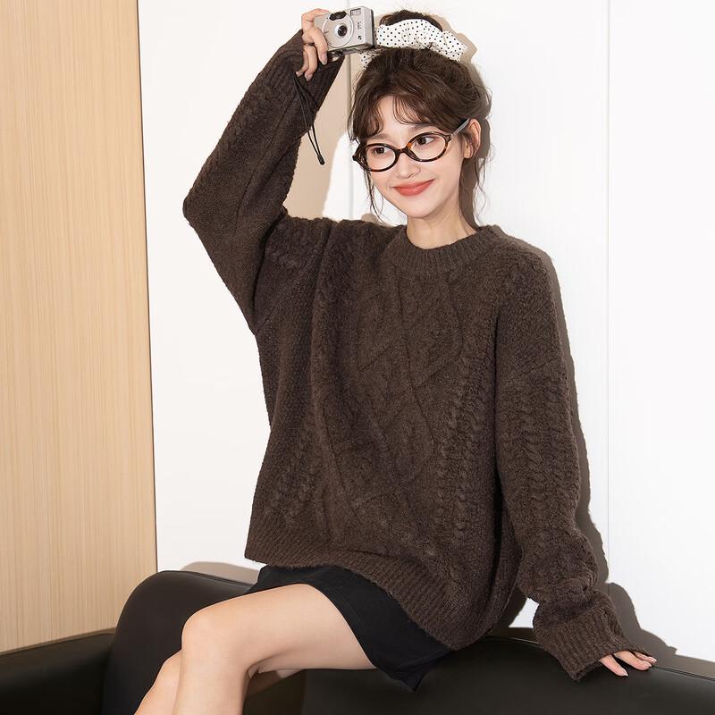 TonLion Women's Cable Knit Round Neck Sweater