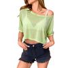 Women Casual Sheer Mesh Off Shoulder Crop Top Short Sleeve Loose Fit Pullover Beach Cover Up T Shirt