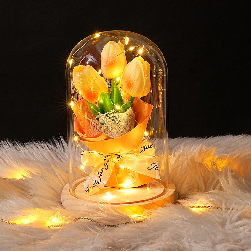 Tulip Glass Cover Flower Lamp Practical Birthday Gift Ornament Decorative Gift Teachers' Day Valentine's Day Eternal Flower Lamp