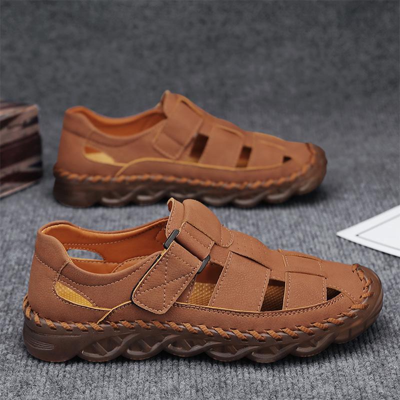 

Мужские походные сандалии ручной работы на плоской подошве, коричневые летние римские сандалии, ретро, широкие кожаные пляжные туфли, большие размеры EU:48 коричневый