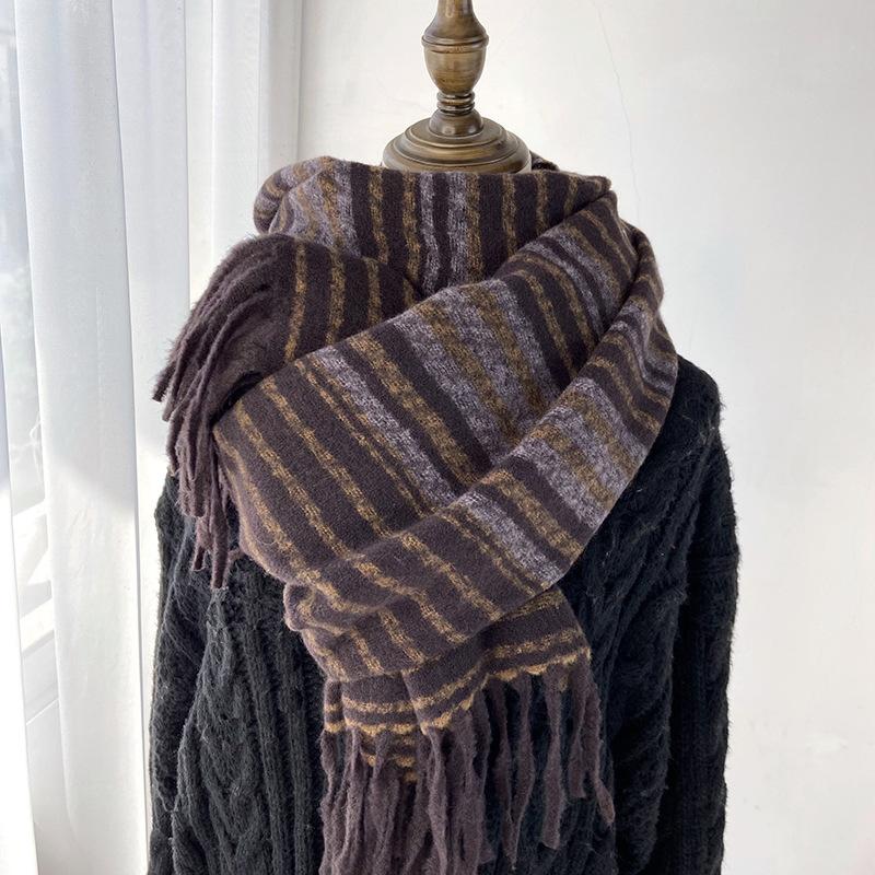 Women Winter Retro Knitted Scarf Headscarf Ladies Men Casual Striped Tassel Warm Scarve Mujer Male Wrap Shawl Unisex New Korean