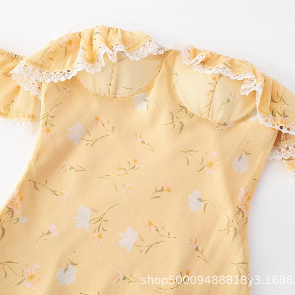French Romantic Gentle Temperament Yellow Floral Dress Women's Summer Vacation Style Waist Thin Lace Long Skirt