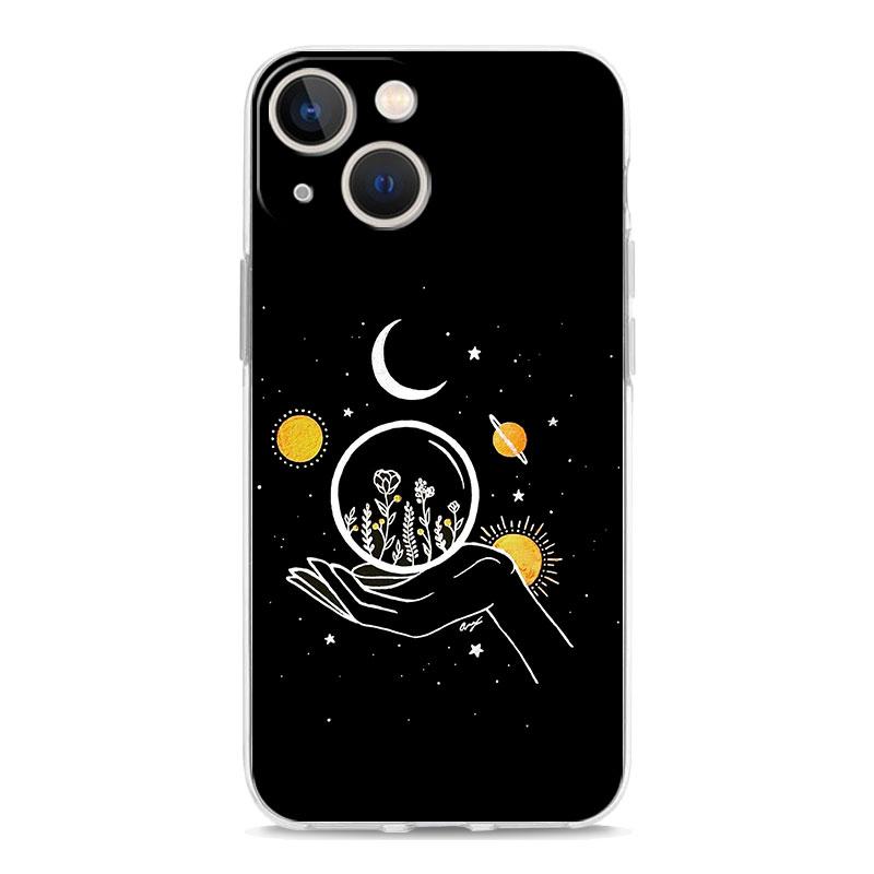 Phone Case For iPhone 15 14 13 12 Mini 11 Pro Max XS X XR 7 8 Plus Clear Shockproof TPU Cover Simplicity Line Art Sun Moon