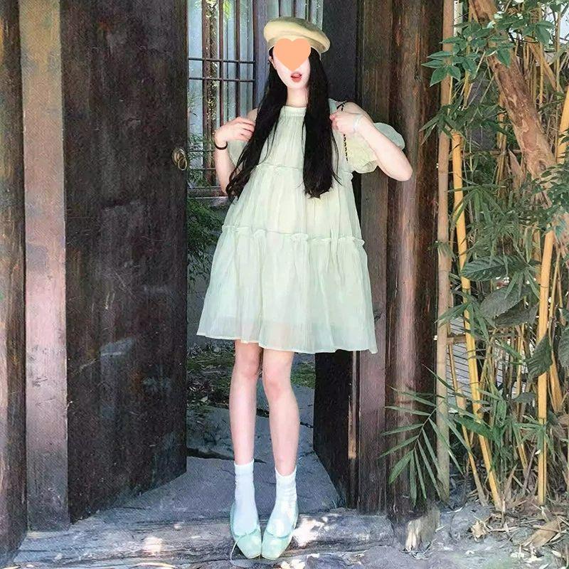 2026 Green Off-the-Shoulder Halter Dress - Summer French Fairy Short Skirt