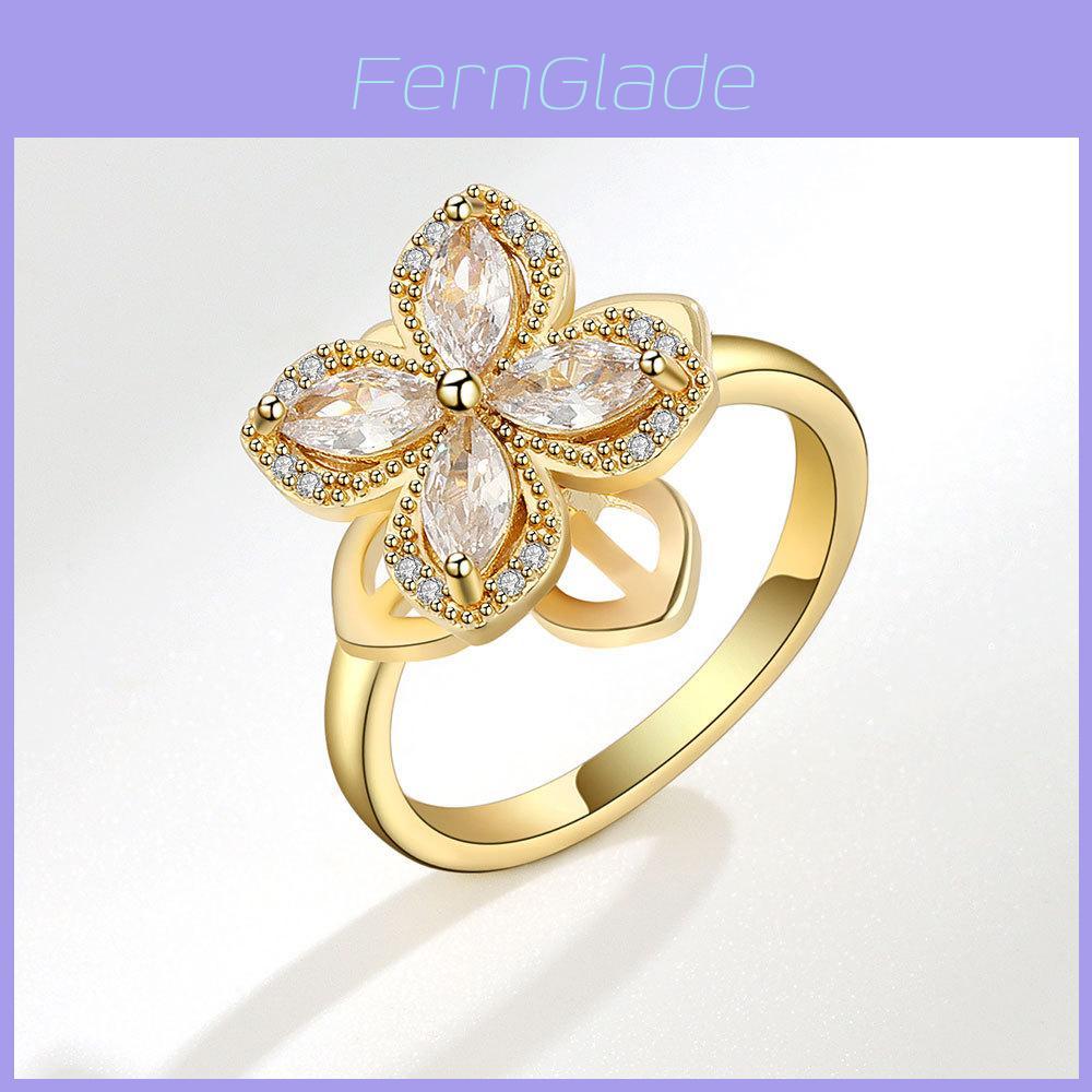 Geometric Flower Zircon Adjustable Ring For Women With Electroplated Copper Hand Jewelry