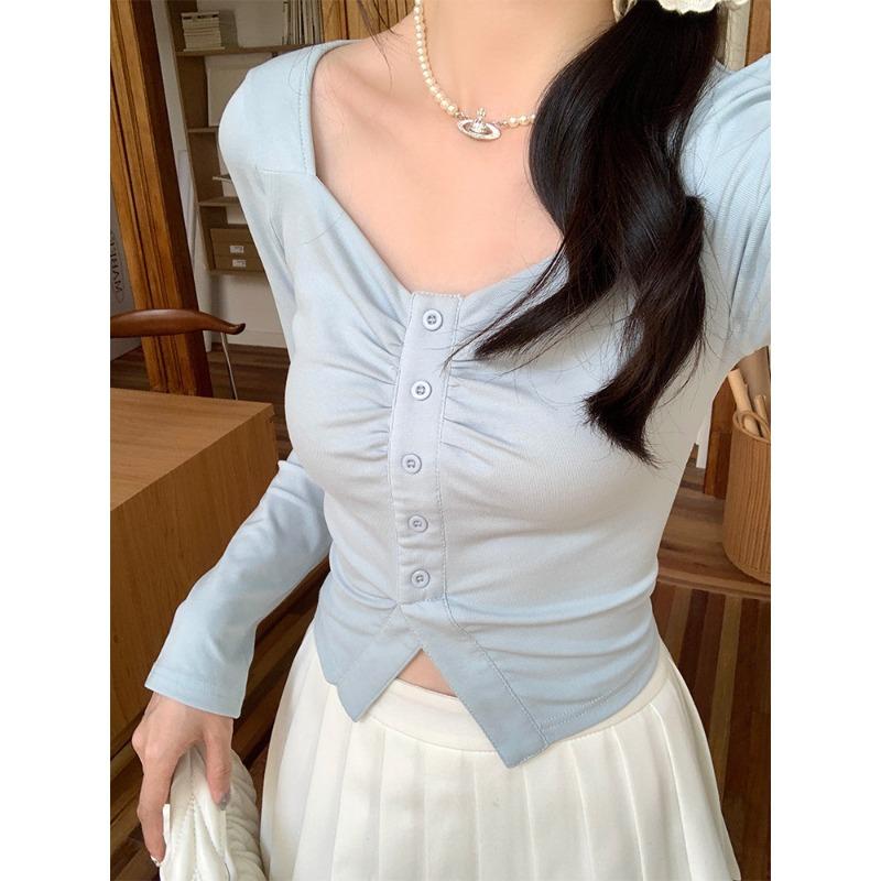 

Stylish Irregular Skinny Short Spice Girl Big Neckline Long Sleeve Women s Autumn Versatile S синій